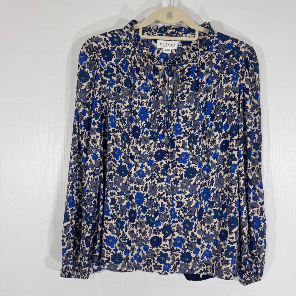 Velvet Graham & Spencer Floral Print Long Sleeve Tie Neck Blouse Top Size M